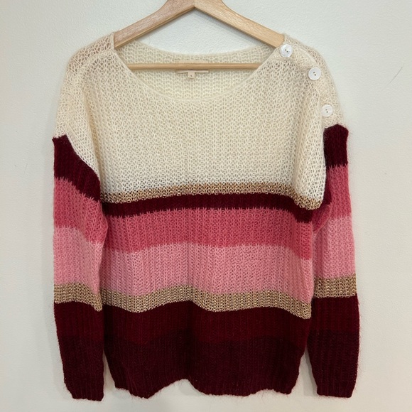 SEZANE open knit color block Tonia wool/ kid mohair boat neck sweater sz L - Picture 5 of 11